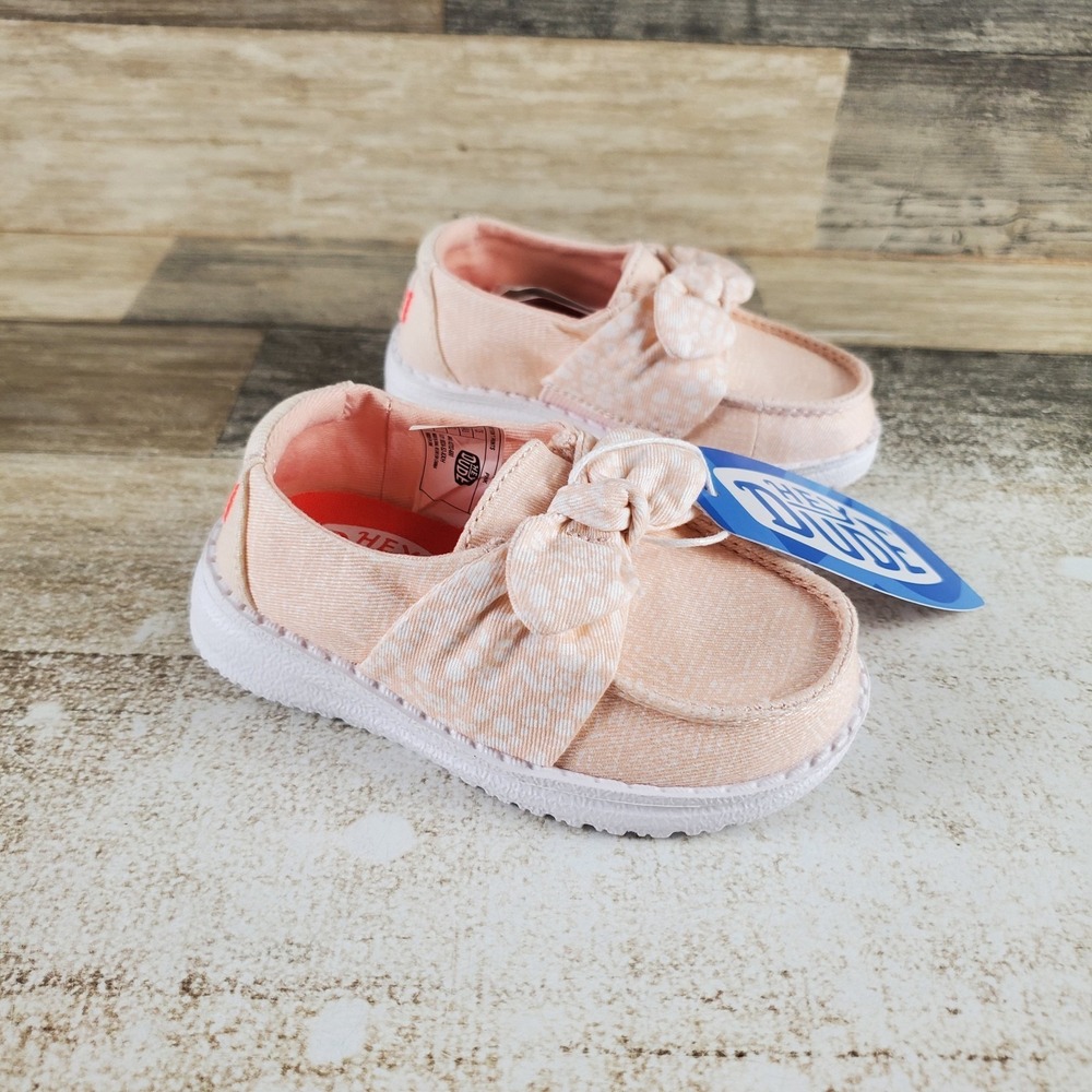 HEY DUDE Wendy Bow Kids Shoes Sz 5 Pale Pink Floral Comfort Bow Slip On Sneakers